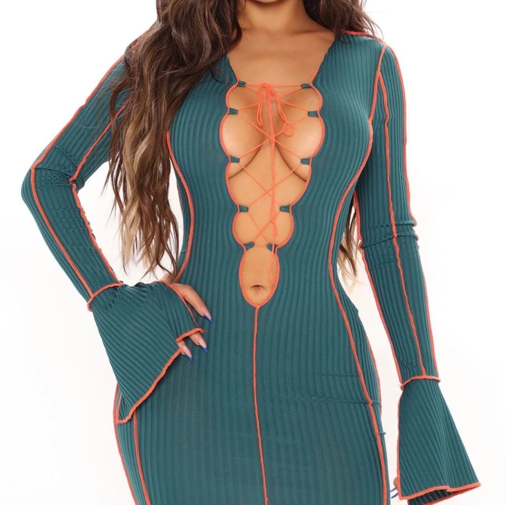 Fashion Nova Dark Teal Lace-up Ribbed Bodycon Dress